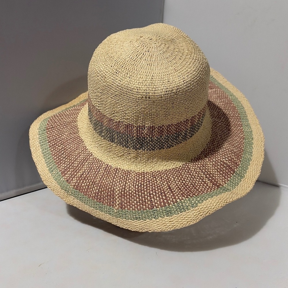 Woven Paper Straw Sun Hat Wide Brim Fedora Striped Boho Beach Tan Green 57cm - Picture 3 of 7